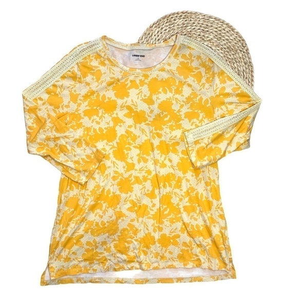 Lands' End Yellow Floral Long Sleeve Crocheted Detail Shirt Top Size Large - Picture 1 of 16